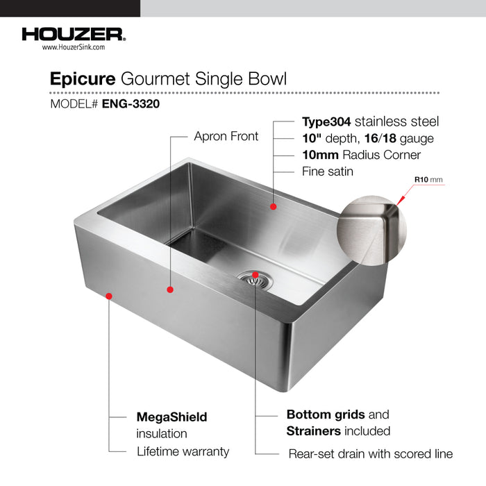 Houzer ENG-3320 Epicure 33" Stainless Steel Apron Front Single Bowl Kitchen Sink with Strainer & Grid