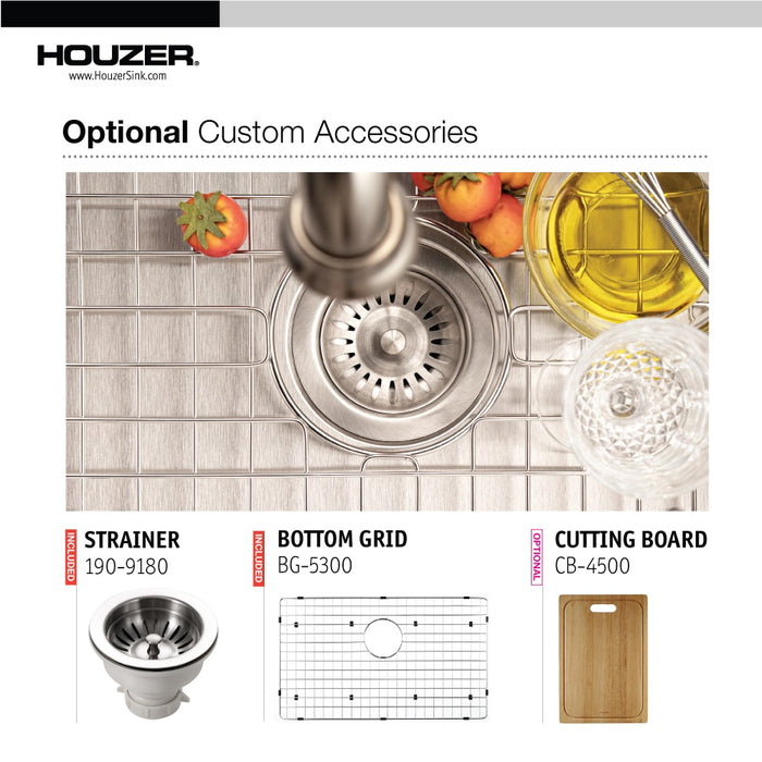 Houzer ENS-3020 Epicure 30" Apron Front Farmhouse Single Bowl Kitchen Sink with Strainer & Grid