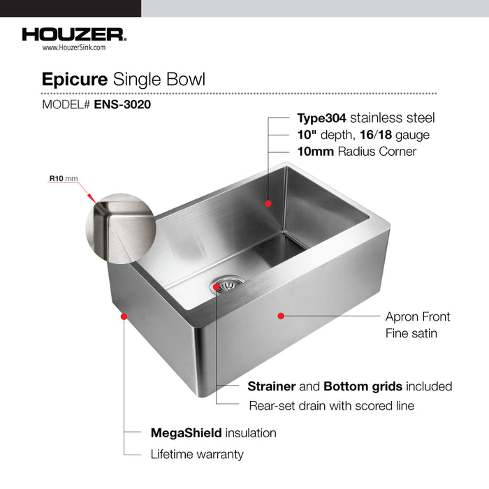 Houzer ENS-3020 Epicure 30" Apron Front Farmhouse Single Bowl Kitchen Sink with Strainer & Grid
