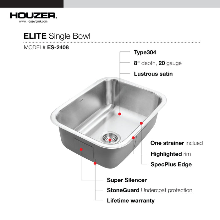 Houzer ES-2408-1 Elite 24" Stainless Steel Undermount Single Bowl Kitchen Sink with Strainer