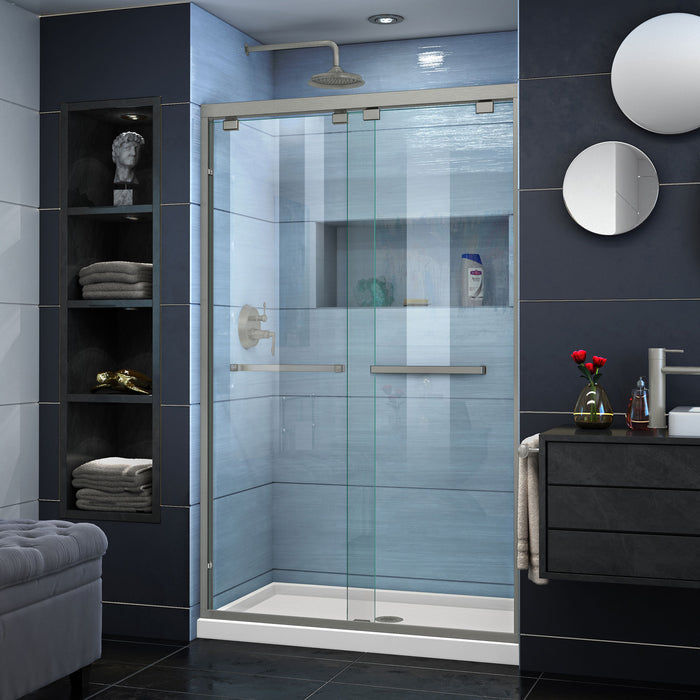 DreamLine DL-7008C-22-04 Encore 32"D x 48"W x 78 3/4"H Bypass Shower Door in Brushed Nickel and Center Drain Biscuit Base Kit