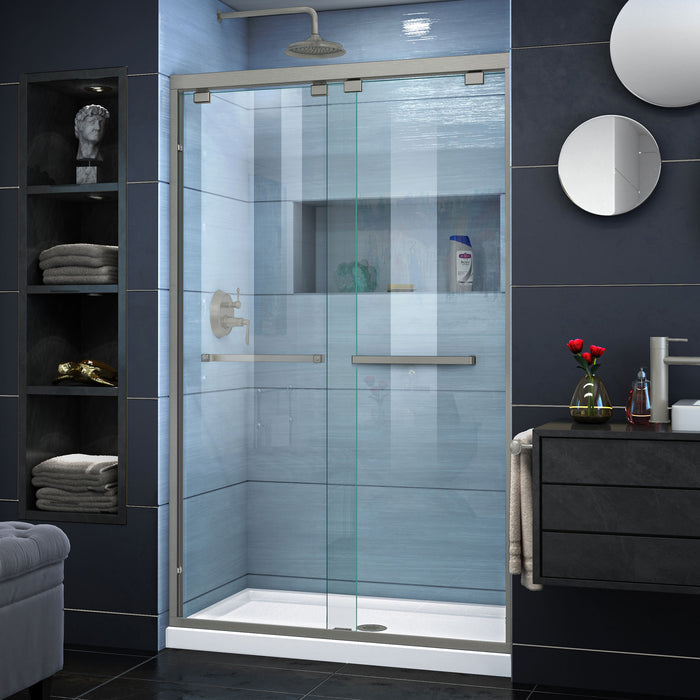 DreamLine DL-7008C-04 Encore 32"D x 48"W x 78 3/4"H Bypass Shower Door in Brushed Nickel and Center Drain White Base Kit