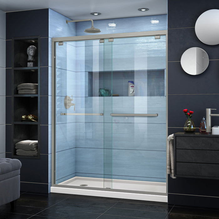 DreamLine DL-7007L-22-04 Encore 36"D x 60"W x 78 3/4"H Bypass Shower Door in Brushed Nickel and Left Drain Biscuit Base Kit