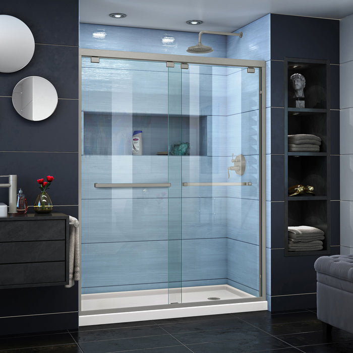 DreamLine DL-7004R-22-04 Encore 30"D x 60"W x 78 3/4"H Bypass Shower Door in Brushed Nickel and Right Drain Biscuit Base Kit