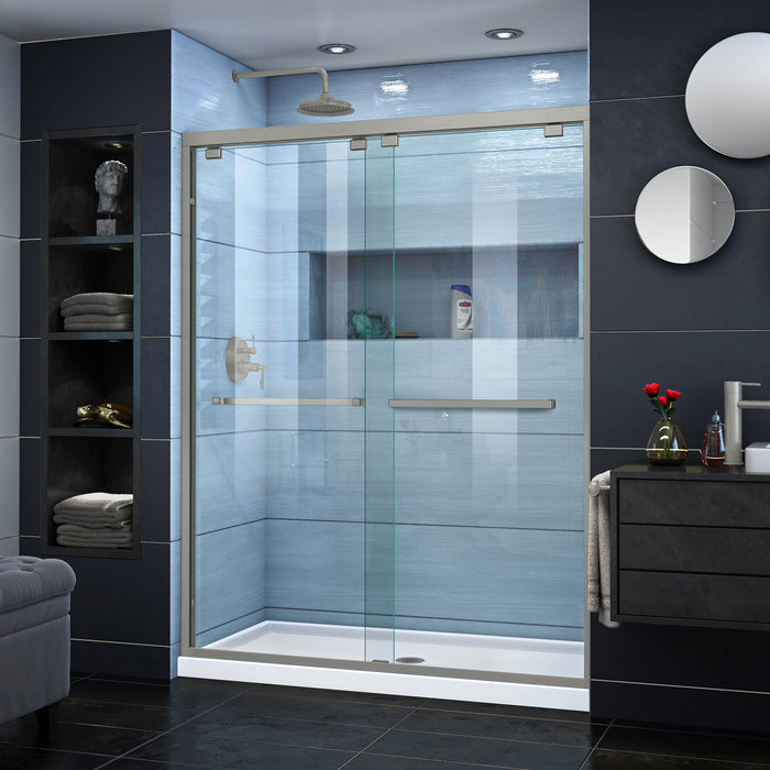 DreamLine DL-7004C-04 Encore 30"D x 60"W x 78 3/4"H Bypass Shower Door in Brushed Nickel and Center Drain White Base Kit