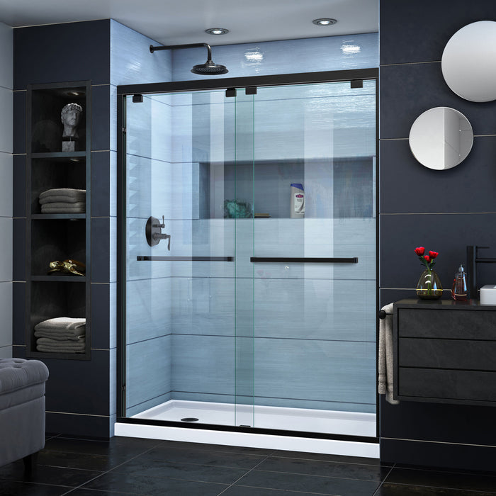 DreamLine DL-7006L-09 Encore 34"D x 60"W x 78 3/4"H Bypass Shower Door in Satin Black and Left Drain White Base Kit