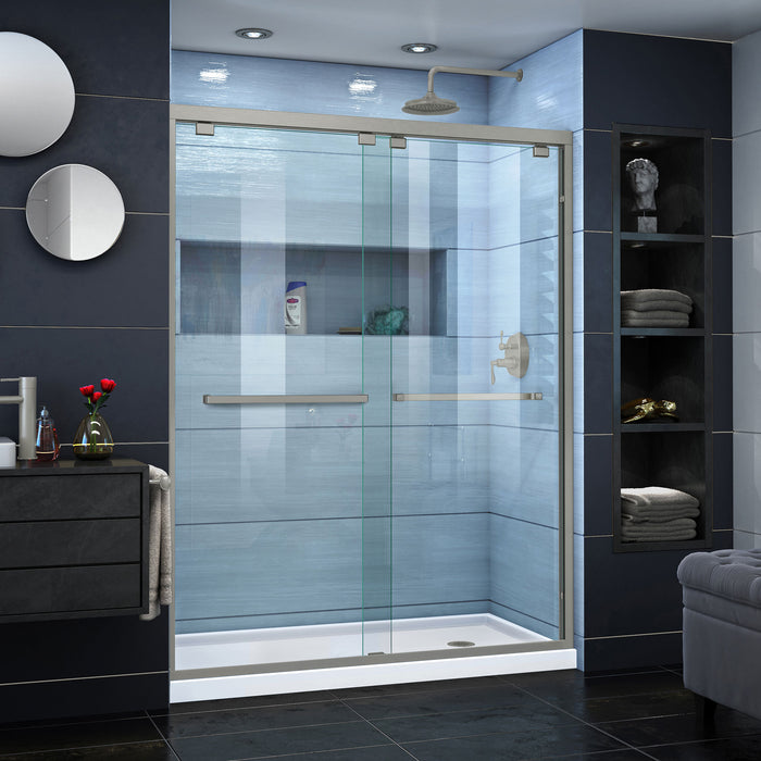 DreamLine DL-7004R-04 Encore 30"D x 60"W x 78 3/4"H Bypass Shower Door in Brushed Nickel and Right Drain White Base Kit