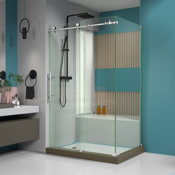 DreamLine SHEN-6132481-07 Enigma-X 32 1/2"D x 48 3/8"W x 76"H Fully Frameless Sliding Shower Enclosure in Brushed Stainless Steel