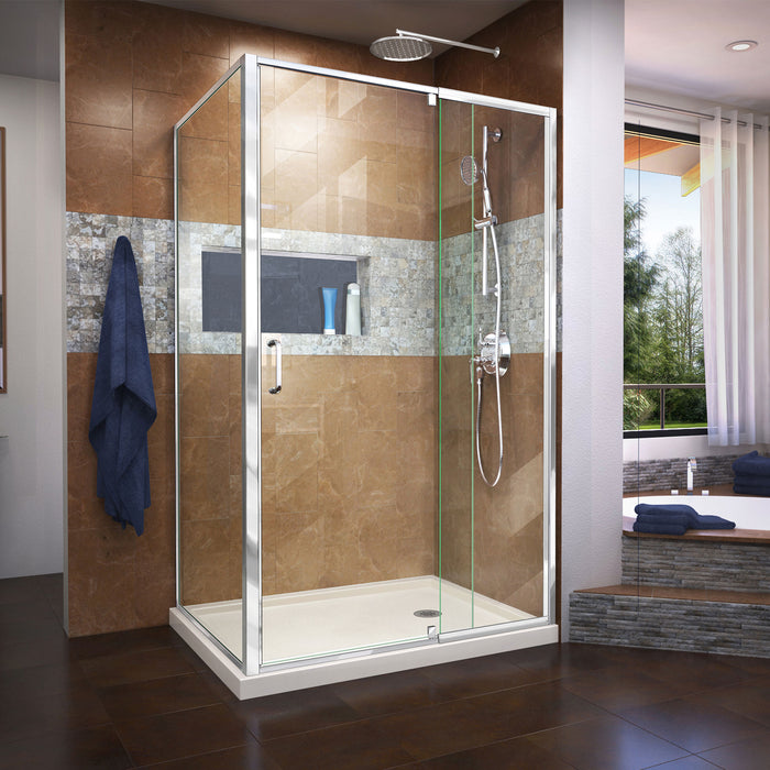 DreamLine DL-6719R-22-01 Flex 36"D x 48"W x 74 3/4"H Semi-Frameless Pivot Shower Enclosure in Chrome and Right Drain Biscuit Base Kit