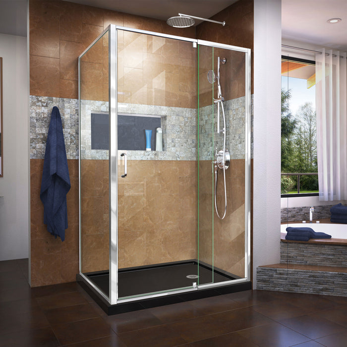 DreamLine DL-6719R-88-01 Flex 36"D x 48"W x 74 3/4"H Semi-Frameless Pivot Shower Enclosure in Chrome with Right Drain Black Base Kit