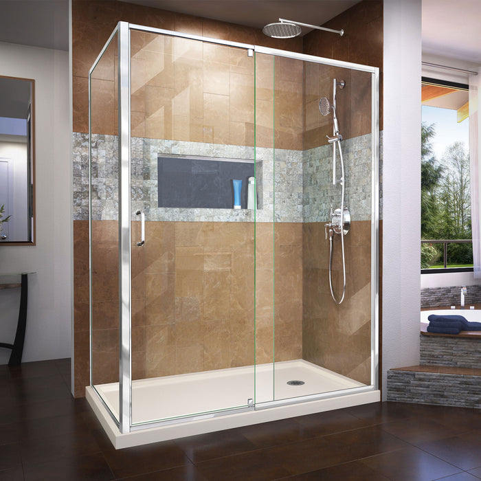 DreamLine DL-6720R-22-01 Flex 36"D x 60"W x 74 3/4"H Semi-Frameless Pivot Shower Enclosure in Chrome and Right Drain Biscuit Base Kit