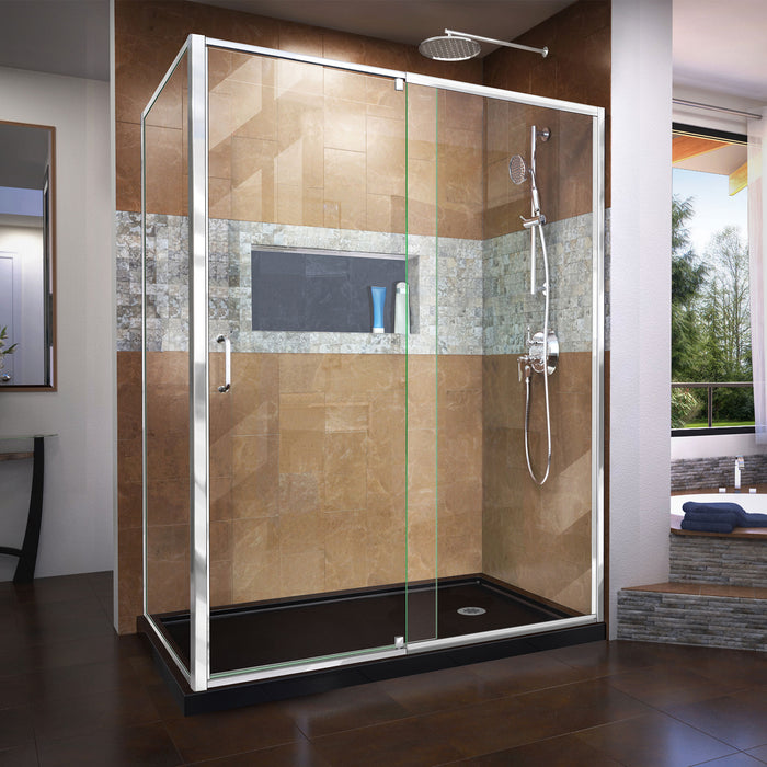 DreamLine DL-6720R-88-01 Flex 36"D x 60"W x 74 3/4"H Semi-Frameless Pivot Shower Enclosure in Chrome with Right Drain Black Base Kit