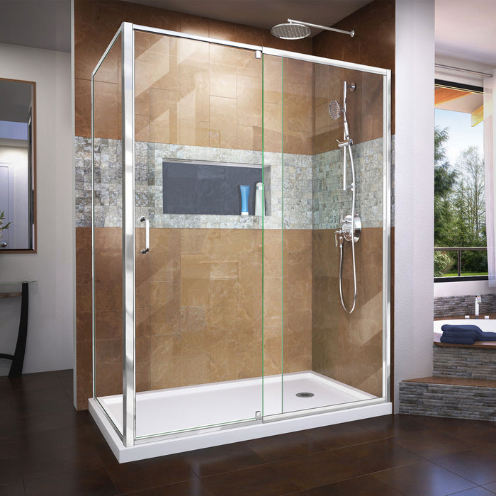 DreamLine DL-6720R-01CL Flex 36"D x 60"W x 74 3/4"H Semi-Frameless Pivot Shower Enclosure in Chrome with Right Drain White Base Kit