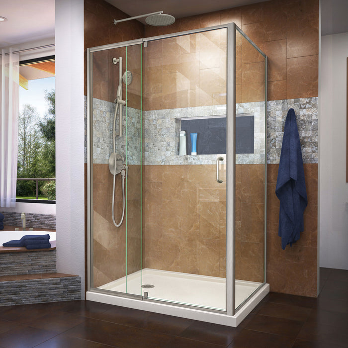 DreamLine DL-6719L-22-04 Flex 36"D x 48"W x 74 3/4"H Semi-Frameless Shower Enclosure in Brushed Nickel with Left Drain Biscuit Base