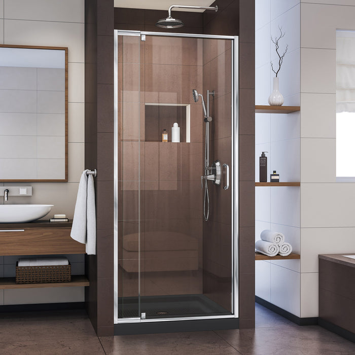 DreamLine DL-6215C-88-01 Flex 32"D x 32"W x 74 3/4"H Semi-Frameless Pivot Shower Door in Chrome with Center Drain Black Base