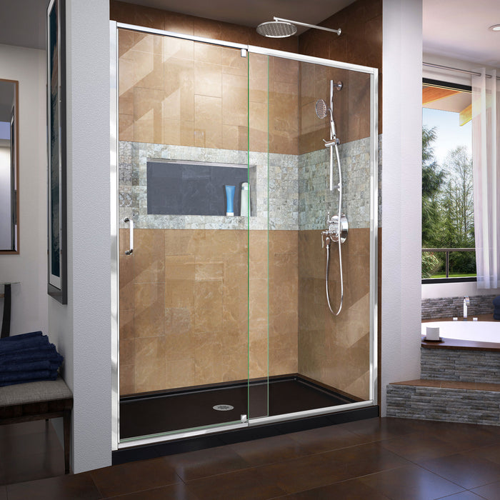 DreamLine DL-6222C-88-01 Flex 30"D x 60"W x 74 3/4"H Semi-Frameless Pivot Shower Door in Chrome with Center Drain Black Base Kit