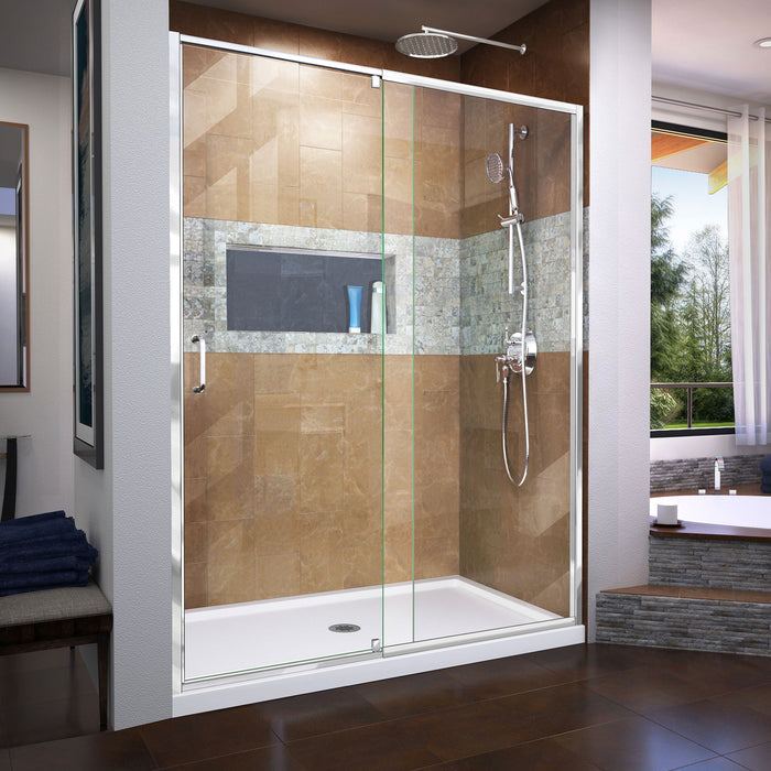 DreamLine DL-6224C-01 Flex 34"D x 60"W x 74 3/4"H Semi-Frameless Pivot Shower Door in Chrome with Center Drain White Base Kit