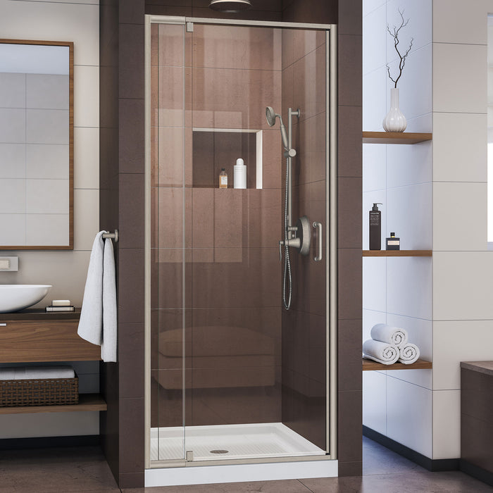 DreamLine DL-6215C-04CL Flex 32"D x 32"W x 74 3/4"H Semi-Frameless Pivot Shower Door in Brushed Nickel and Center Drain White Base