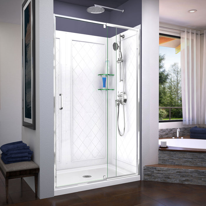 DreamLine DL-6226C-01 Flex 36"D x 48"W x 76 3/4"H Semi-Frameless Shower Door in Chrome with Center Drain White Base and Backwalls