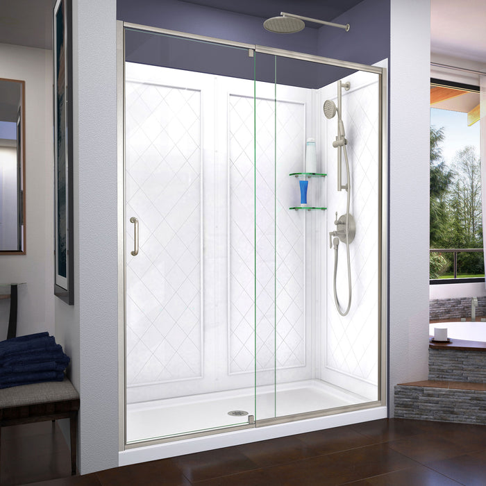 DreamLine DL-6229C-04 Flex 34"D x 60"W x 76 3/4"H Semi-Frameless Shower Door in Brushed Nickel with Center Drain Base, Backwalls