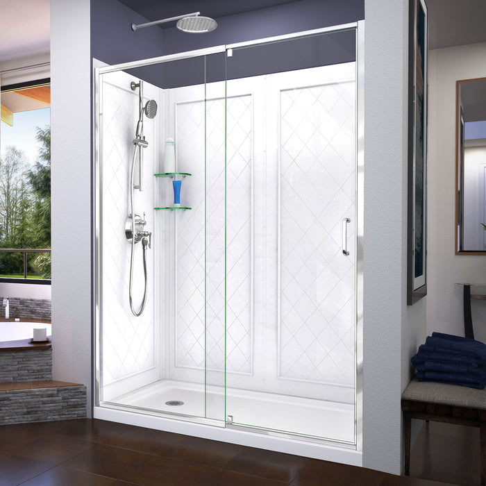 DreamLine DL-6229L-01 Flex 34"D x 60"W x 76 3/4"H Semi-Frameless Shower Door in Chrome with Left Drain White Base and Backwalls