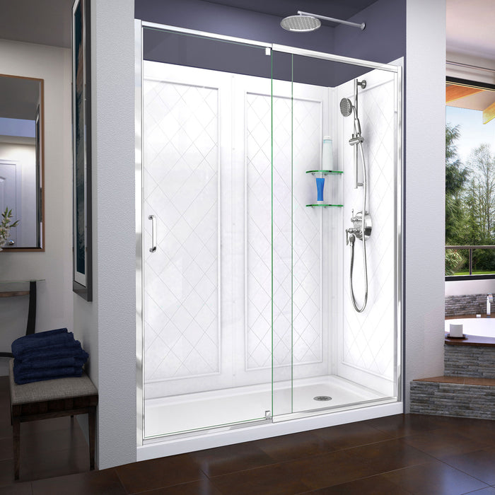 DreamLine DL-6230R-01 Flex 36"D x 60"W x 76 3/4"H Semi-Frameless Shower Door in Chrome with Right Drain White Base and Backwalls