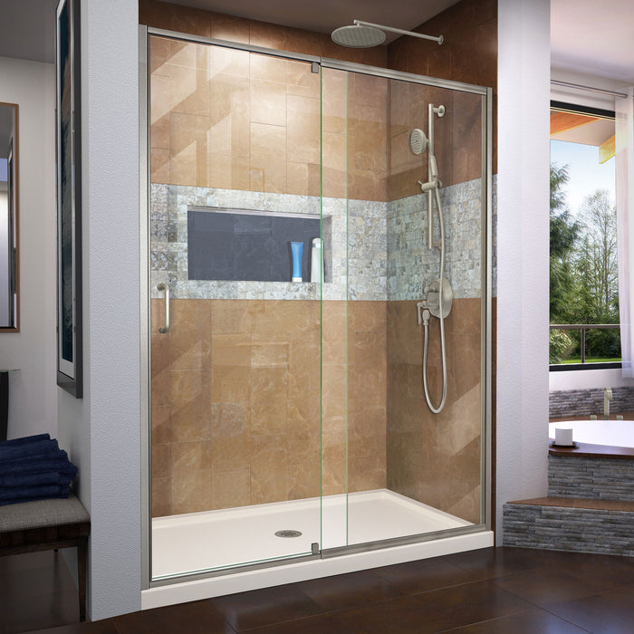 DreamLine DL-6224C-22-04 Flex 34"D x 60"W x 74 3/4"H Semi-Frameless Shower Door in Brushed Nickel with Center Drain Biscuit Base Kit