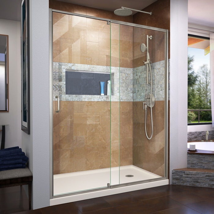 DreamLine DL-6223R-22-04 Flex 32"D x 60"W x 74 3/4"H Semi-Frameless Shower Door in Brushed Nickel with Right Drain Biscuit Base Kit