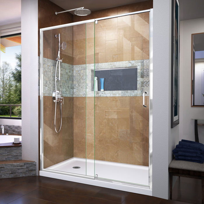 DreamLine DL-6223L-01 Flex 32"D x 60"W x 74 3/4"H Semi-Frameless Pivot Shower Door in Chrome with Left Drain White Base Kit