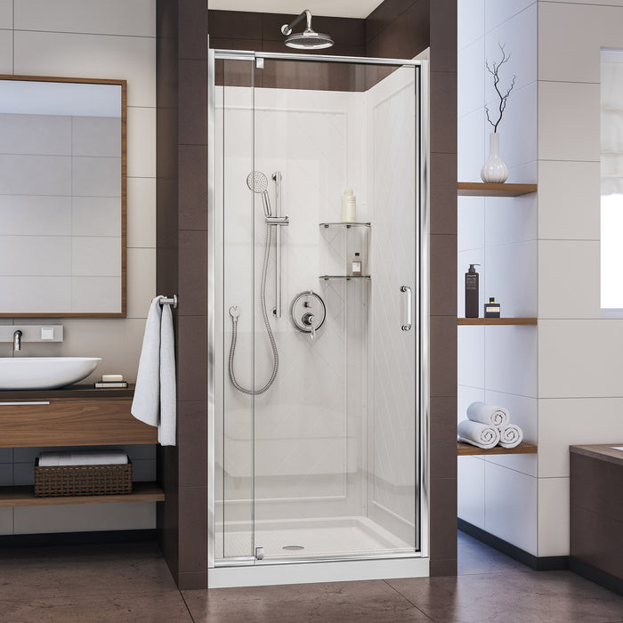 DreamLine DL-6217C-01CL Flex 32"D x 32"W x 76 3/4"H Semi-Frameless Shower Door in Chrome with White Base and Backwalls