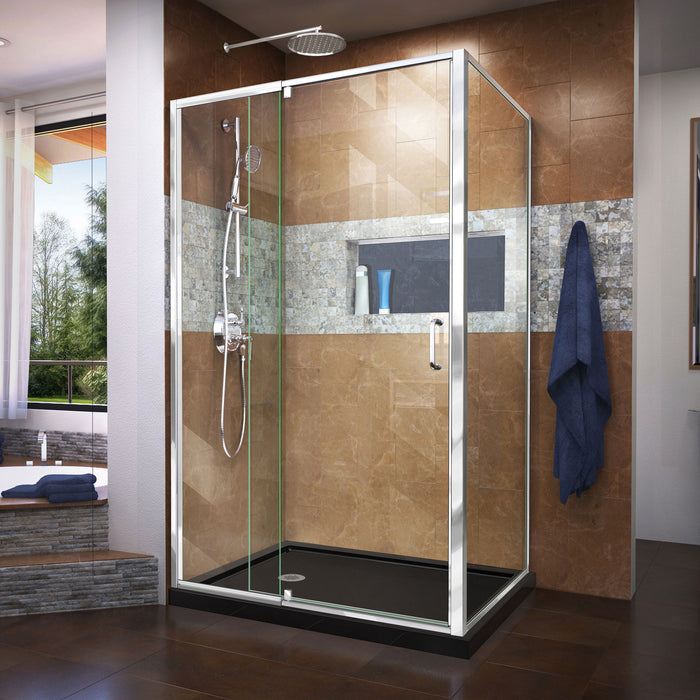 DreamLine DL-6719L-88-01 Flex 36"D x 48"W x 74 3/4"H Semi-Frameless Pivot Shower Enclosure in Chrome with Left Drain Black Base Kit
