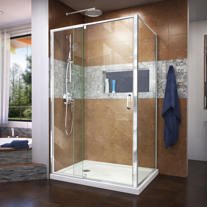 DreamLine DL-6719L-01CL Flex 36"D x 48"W x 74 3/4"H Semi-Frameless Pivot Shower Enclosure in Chrome with Left Drain White Base Kit