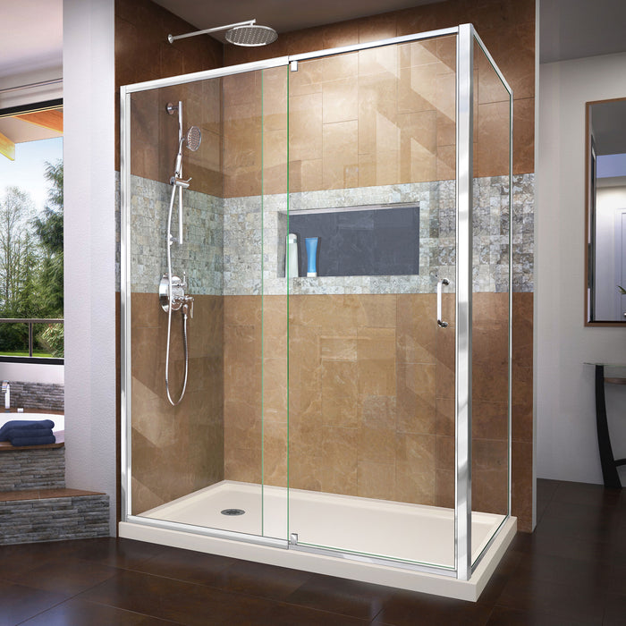 DreamLine DL-6720L-22-01 Flex 36"D x 60"W x 74 3/4"H Semi-Frameless Pivot Shower Enclosure in Chrome with Left Drain Biscuit Base Kit