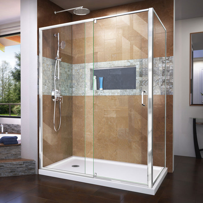 DreamLine DL-6720L-01CL Flex 36"D x 60"W x 74 3/4"H Semi-Frameless Pivot Shower Enclosure in Chrome with Left Drain White Base Kit