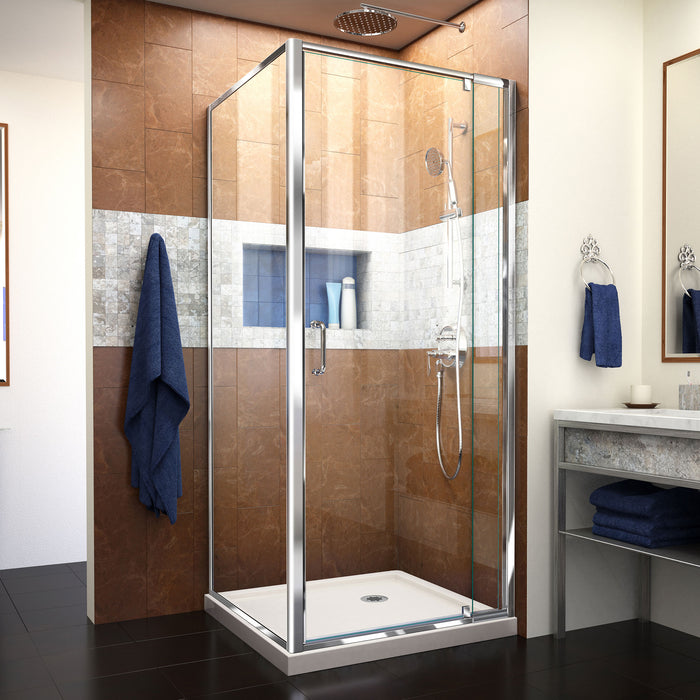 DreamLine DL-6714-22-01CL Flex 32"D x 32"W x 74 3/4"H Semi-Frameless Pivot Shower Enclosure in Chrome with Corner Drain Biscuit Base