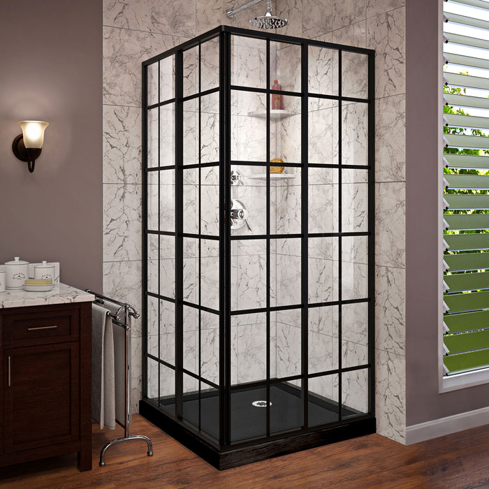 DreamLine DL-6789-09 French Corner 36"D x 36"W x 74 3/4"H Sliding Shower Enclosure in Satin Black and Corner Drain Black Base Kit