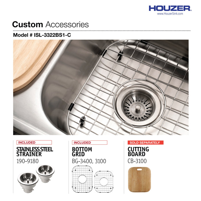 Houzer ISL-3322BS1-C Glowtone 33" Topmount 1-Hole 60/40 Double Bowl Kitchen Sink Strainers & Grids