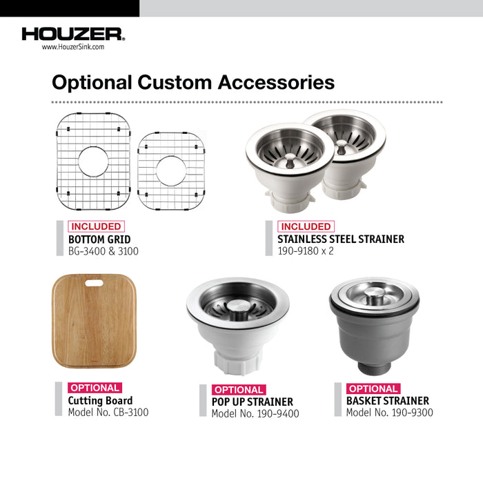 Houzer ISL-3322BS1-C Glowtone 33" Topmount 1-Hole 60/40 Double Bowl Kitchen Sink Strainers & Grids