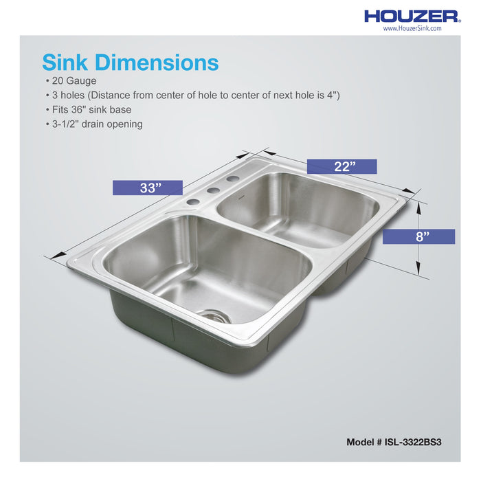 Houzer ISL-3322BS3-1 Glowtone 33" Drop-in Topmount 3-Hole 60/40 Double Bowl Kitchen Sink