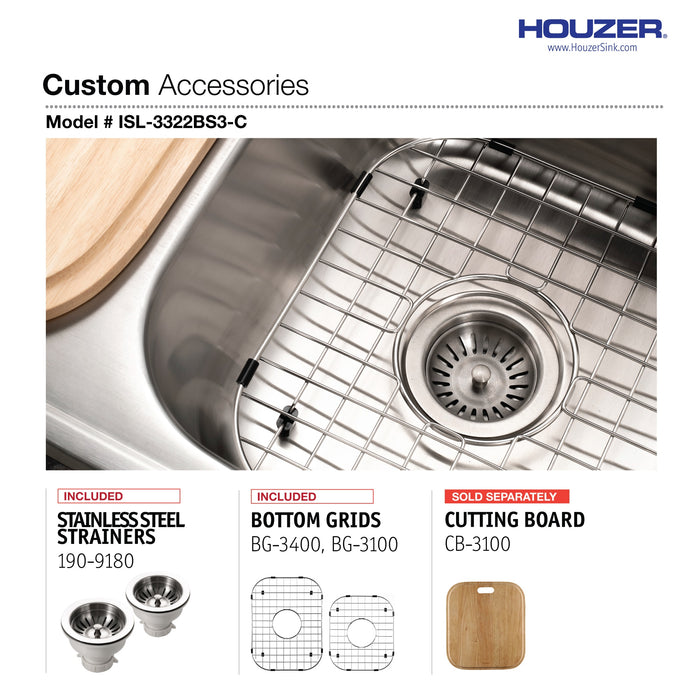 Houzer ISL-3322BS3-C Glowtone 33" Topmount 3-Hole 60/40 Double Bowl Kitchen Sink with Strainers & Grids