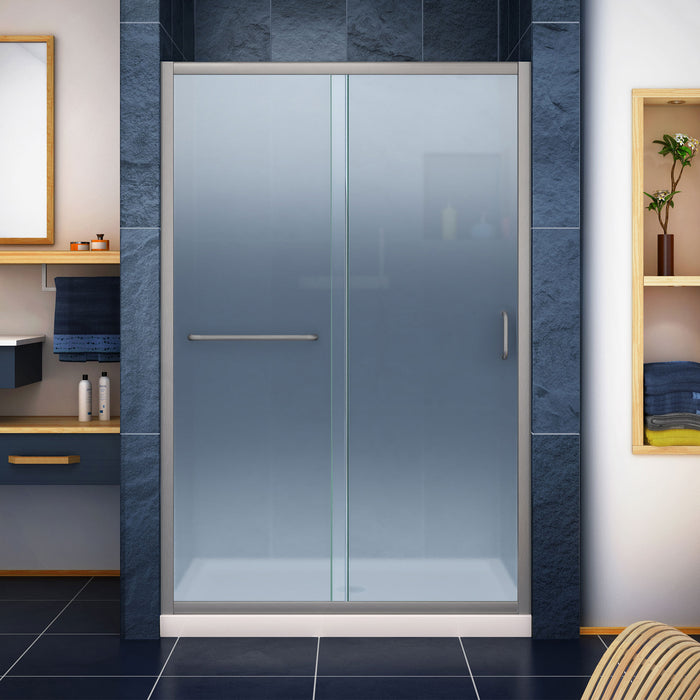 DreamLine DL-6975C-22-04F Infinity-Z 36"D x 48"W x 74 3/4"H Frosted Sliding Shower Door in Brushed Nickel, Center Drain Biscuit Base