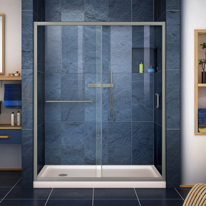 DreamLine DL-6972L-22-04 Infinity-Z 34"D x 60"W x 74 3/4"H Clear Sliding Shower Door in Brushed Nickel and Left Drain Biscuit Base