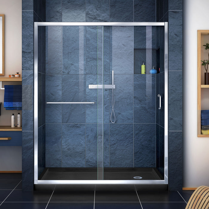 DreamLine DL-6970R-88-01 Infinity-Z 30"D x 60"W x 74 3/4"H Clear Sliding Shower Door in Chrome and Right Drain Black Base