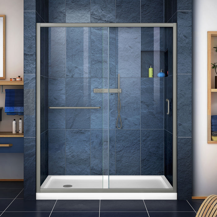DreamLine DL-6970L-04CL Infinity-Z 30"D x 60"W x 74 3/4"H Clear Sliding Shower Door in Brushed Nickel and Left Drain White Base