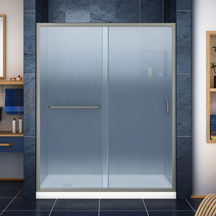 DreamLine DL-6971L-04FR Infinity-Z 32"D x 60"W x 74 3/4"H Frosted Sliding Shower Door in Brushed Nickel and Left Drain White Base