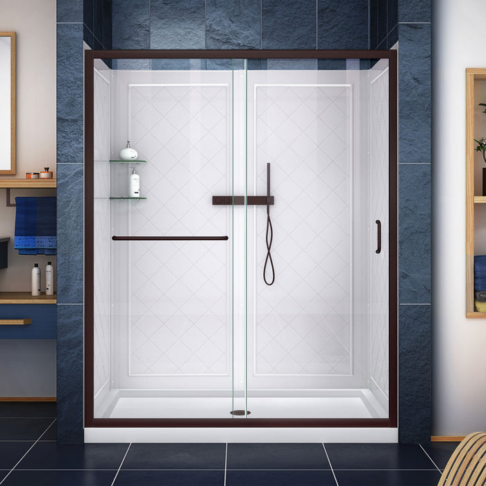 DreamLine DL-6119-CLC-06 Infinity-Z 36" D x 60" W x 76 3/4" H Clear Sliding Shower Door in Oil Rubbed Bronze, Center Drain Base and Backwalls