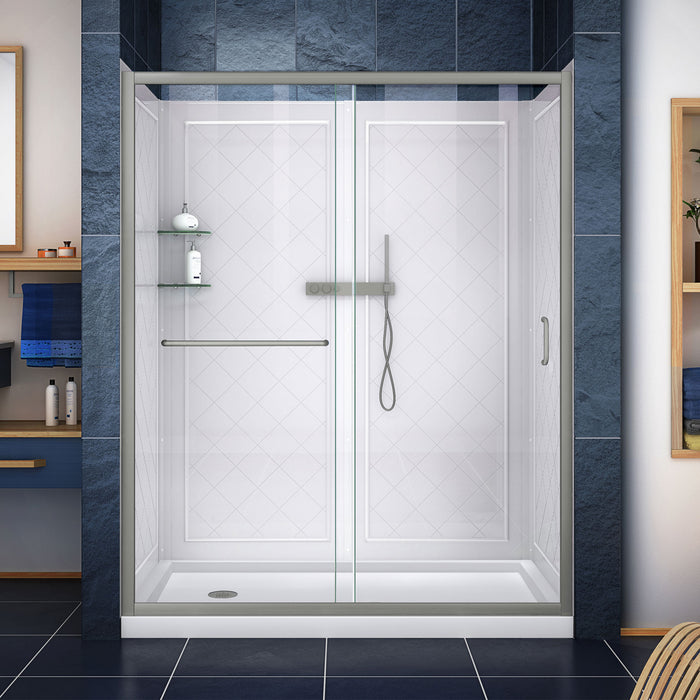DreamLine DL-6117L-04CL Infinity-Z 32"D x 60"W x 76 3/4"H Clear Sliding Shower Door in Brushed Nickel, Left Drain Base and Backwalls