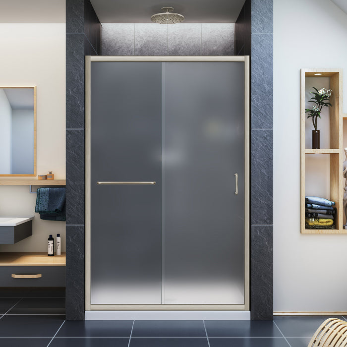 DreamLine SHDR-0948720-04-FR Infinity-Z 44-48"W x 72"H Semi-Frameless Sliding Shower Door, Frosted Glass in Brushed Nickel - Bath4All