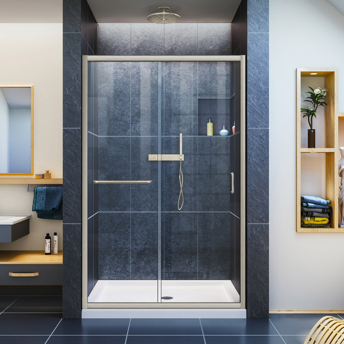 DreamLine DL-6975C-04CL Infinity-Z 36"D x 48"W x 74 3/4"H Clear Sliding Shower Door in Brushed Nickel and Center Drain White Base