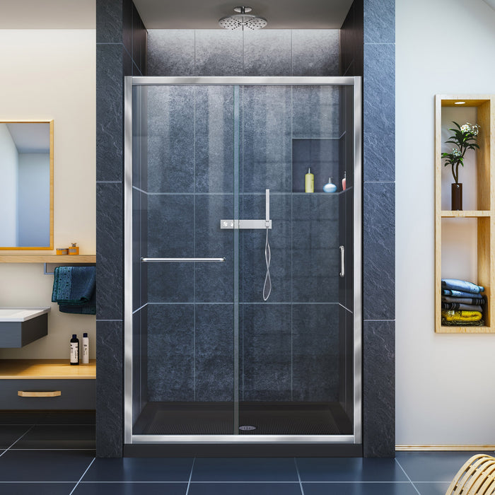 DreamLine DL-6975C-88-01 Infinity-Z 36"D x 48"W x 74 3/4"H Clear Sliding Shower Door in Chrome and Center Drain Black Base